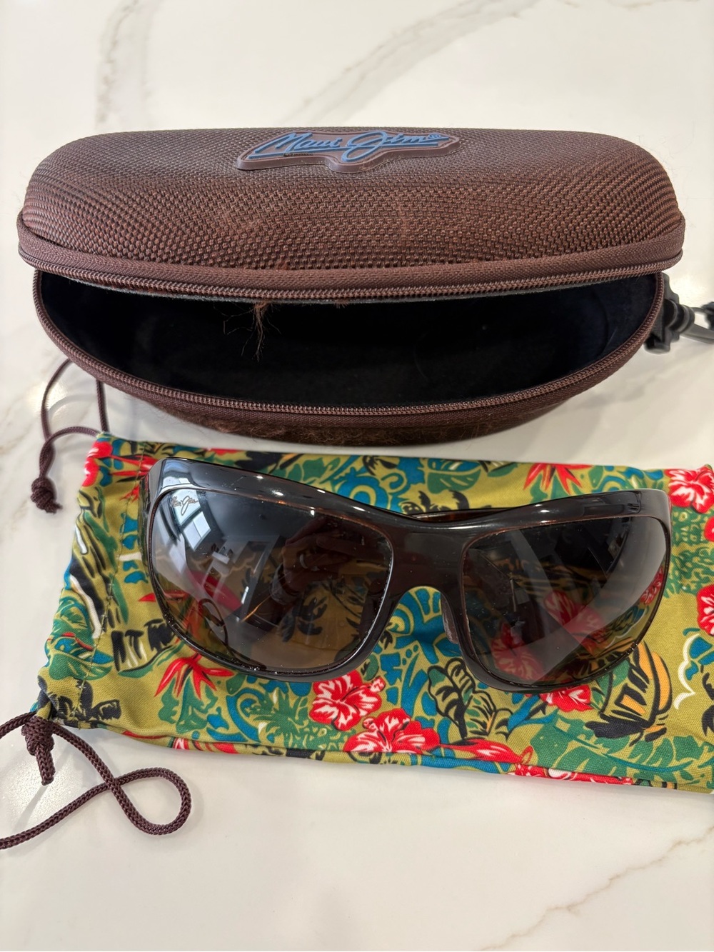 Maui Jim Brown Wrap Sunglasses with Floral Microfiber Pouch